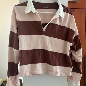 Aerie Rugby Striped Brown and Pink Collared Sweater